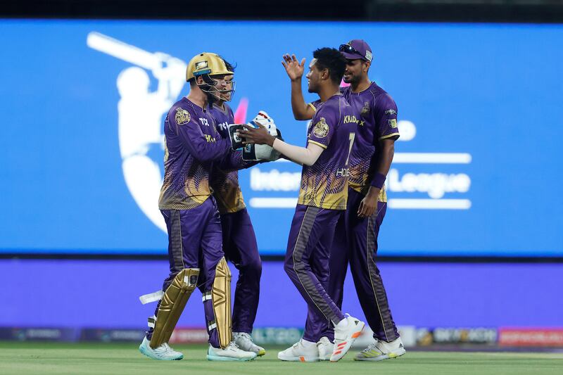 Abu Dhabi Knight Riders celebrate the wicket of Evin Lewis of Sharjah Warriors during their DP World International League T20 match at the Zayed Cricket Stadium, Abu Dhabi, on February 4, 2023. LT20S

Photo by Vipin Pawar/CREIMAS

RESTRICTED TO EDITORIAL USE