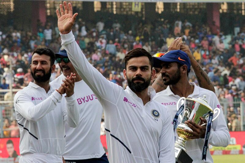 Virat Kohli thanks the crowd after securing a Test series win over Bangladesh in Kolkata last month. AP