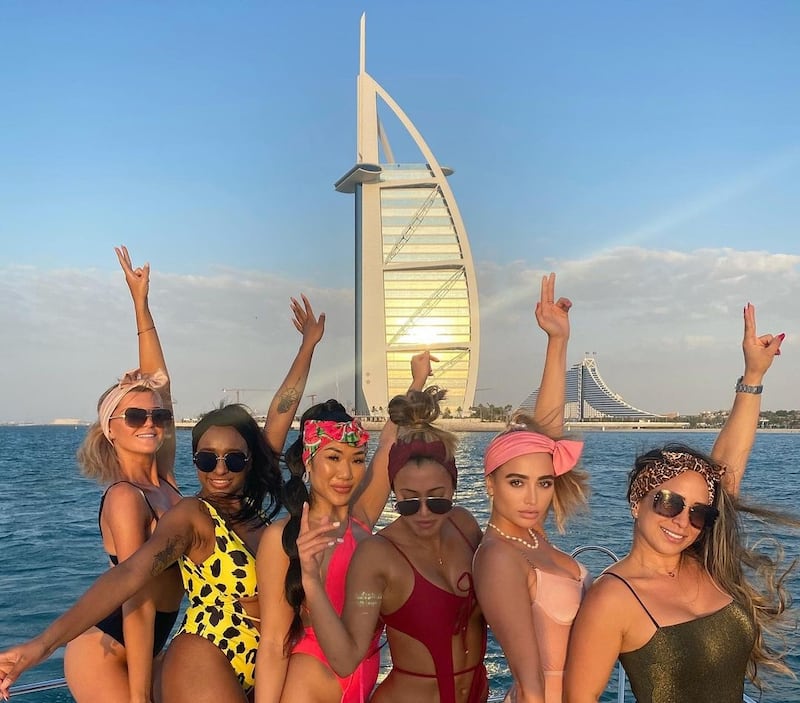 'Love Island' and 'TOWIE' star, Georgia Harrison (second from right) hung out with friends in Dubai, and was also hospitalised with a ruptured cyst while on holiday. Instagram