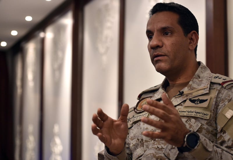 Spokesman of the Saudi-led military coalition Colonel Turki Al-Maliki talks during an interview with AFP in the capital Riyadh, on May 21, 2019. Coalition spokesman Colonel Turki al-Maliki said two missiles were shot down between Jeddah and Taiz districts of Mecca province but did not elaborate on the suspected target or who fired them. / AFP / FAYEZ NURELDINE
