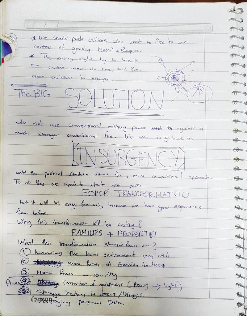 A scan of the a notebook found in Raqqa in December, laying out plans for ISIS' insurgency.