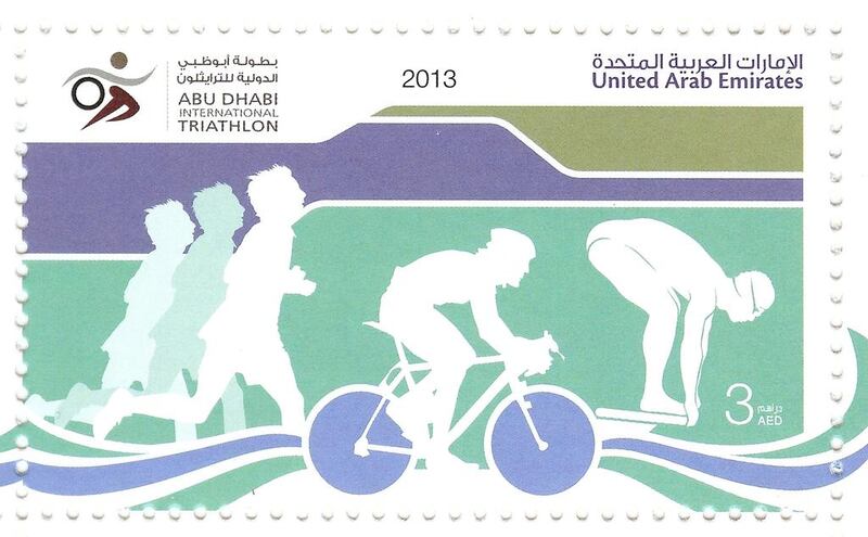 Emirates Post has issued a commemorative stamp on the Abu Dhabi International Triathlon. The stamp has been issued in single denomination of AED 3, along with a First Day Cover of AED 4, and is available at all main post offices in the UAE. Courtesy Emirates Post 