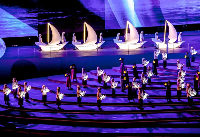 Abu Dhabi, United Arab Emirates, December 2, 2019.  48th UAE National Day at the Zayed Sports City Stadium.
- Laser and light show depicting Emirati Heritage and Legacy.
Victor Besa / The National
Reporter:  Haneen Dajani
Section: NA