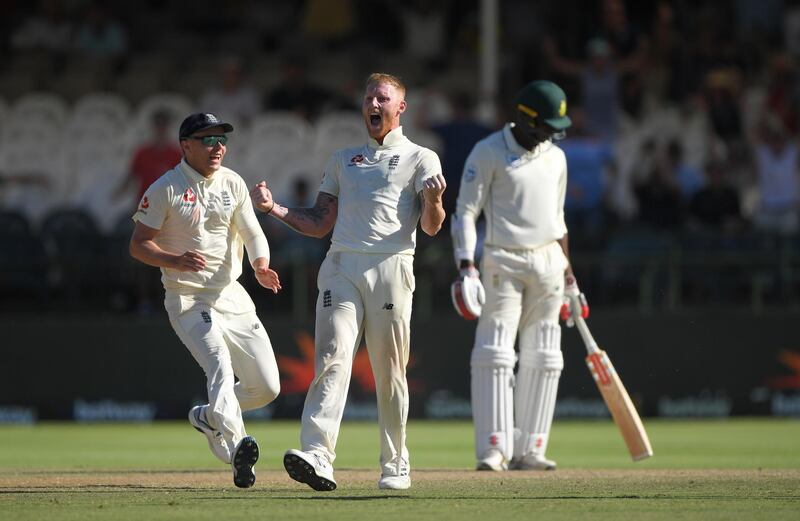 CAPE TOWN, SOUTH AFRICA - JANUARY 07: England player Ben Stokes celebrates the wicket of  Vernon Philander to win the match for England during Day Five of the Second Test between South Africa and England at Newlands on January 07, 2020 in Cape Town, South Africa. (Photo by Stu Forster/Getty Images)
