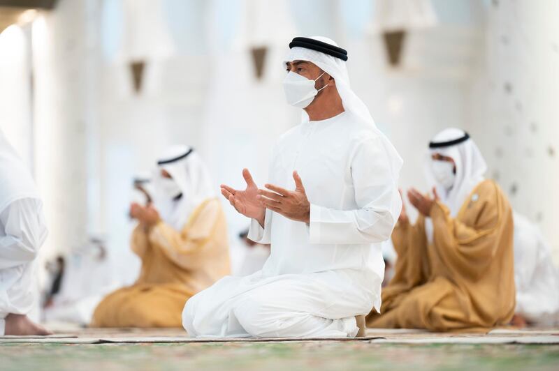 ABU DHABI, UNITED ARAB EMIRATES - May 13, 2021: HH Sheikh Mohamed bin Zayed Al Nahyan, Crown Prince of Abu Dhabi and Deputy Supreme Commander of the UAE Armed Forces (C), attends Eid Al Fitr prayers, at Sheikh Zayed Grand Mosque.

( Rashed Al Mansoori / Ministry of Presidential Affairs )
---