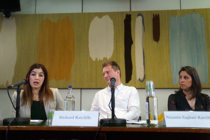 Ms Tahbaz speaking at a press conference in March alongside Nazanin Zaghari-Ratcliffe and Richard Ratcliffe, following Nazanin's release from detention in Iran. Getty images