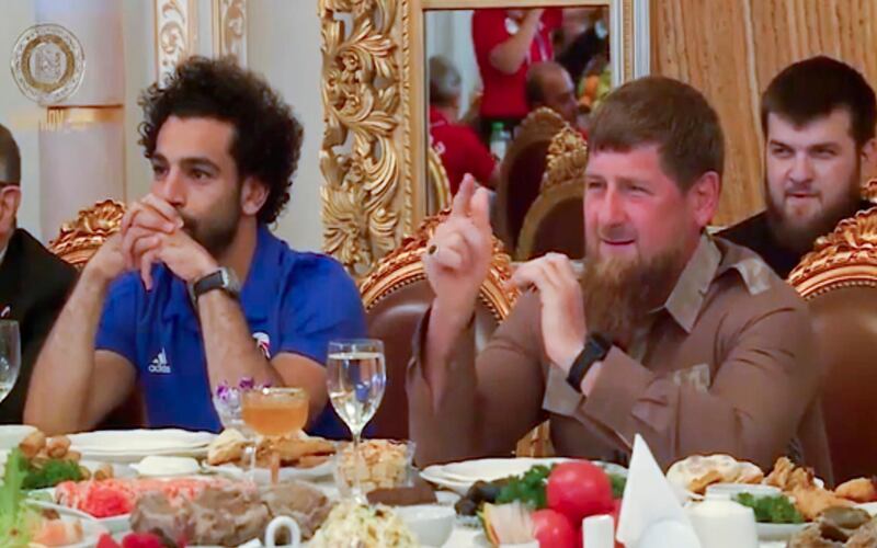 In this video grab provided Tuesday June 26, 2018, by the Ramzan Kadyrov Press Service, shows Egypt forward Mohamed Salah and Chechen leader Ramzan Kadyrov while attending a banquet in Grozny, Russia, Friday, June 22, 2018.  Ramzan Kadyrov Press Service via AP