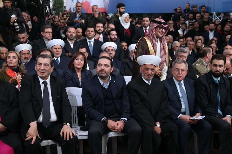 Former Lebanese Prime Minister Saad Hariri, Lebanese MP Elie Al Ferzly (left), Grand Mufti Sheikh Abdel-Latif Derian (third right), former Prime minister Fouad Seniora (second right) and Taymour Jumblat during a mass rally to mark the 15th anniversary of the assassination of his father late former Prime Minister Rafic Hariri, at his home, in downtown Beirut, Lebanon.  EPA