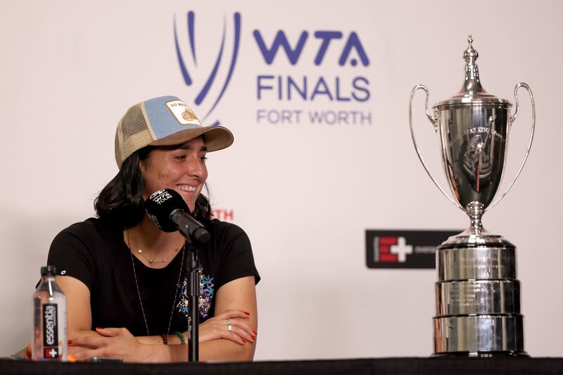 Ons Jabeur fields questions from the media at a press conference prior to the 2022 WTA Finals. Getty