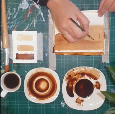thejamjar's first prompt, how to paint landscape using coffee with artist Dania Al Tamimi. Courtesy thejamjar
