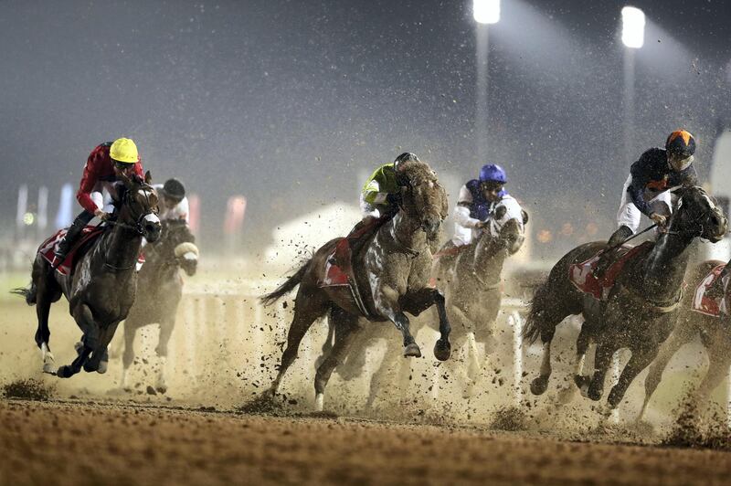 Dubai, United Arab Emirates - October 24, 2019: Runners in the Arabian Adventures race on the opening meeting of the new season. Thursday the 24th of October 2019. Meydan Racecourse, Dubai. Chris Whiteoak / The National