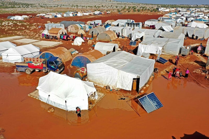 The flooded Mukhayyam Al Khair camp near the village of Kafr Uruq in the north of Idlib province. AFP