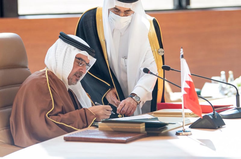 Bahrain Crown Prince Salman bin Hamad bin Isa Al Khalifa signing the Al Ula statement during this summit. Courtesy Ministry of Foreign Affairs - Saudi Arabia