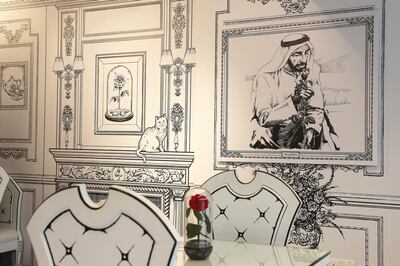 ABU DHABI, UNITED ARAB EMIRATES , Feb 11  – 2020 :- Inside view of the Forever Rose Café at The Galleria on Al Maryah Island in Abu Dhabi. 2D illustrations of the Sheikh Zayed bin Sultan Al Nahyan and other Sheikhs painted on the walls of the café.  (Pawan  Singh / The National) For Lifestyle. Story by Saeed
