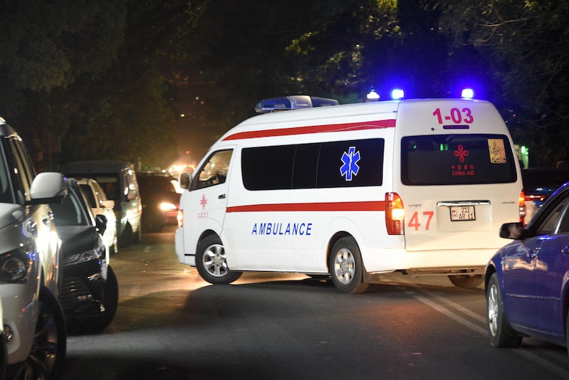 An ambulance approaches a military hospital in Yerevan. AFP