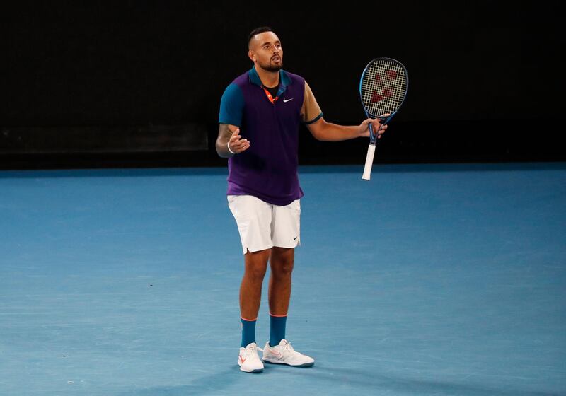 Nick Kyrgios reacts during his second round match against Ugo Humbert. Reuters