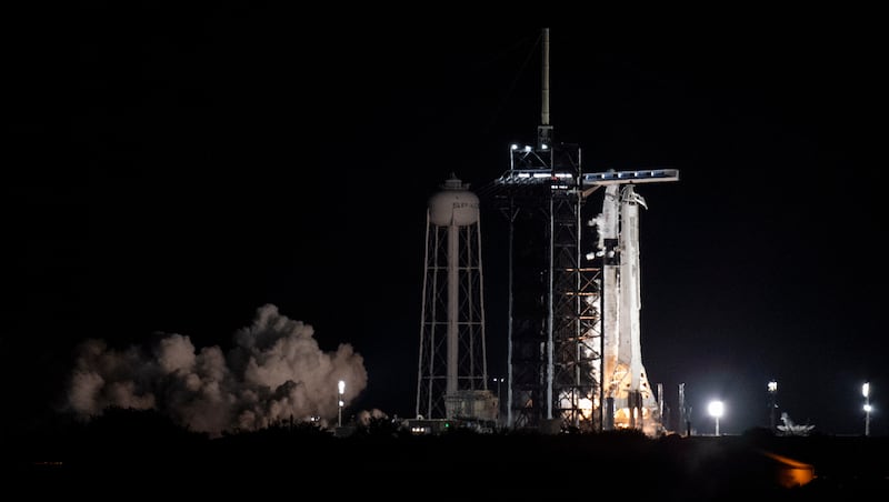 A SpaceX Falcon 9 rocket with the company's Crew Dragon spacecraft onboard on the launch pad during a static fire test before the Crew-3 mission, at Nasa's Kennedy Space Centre, Florida. EPA