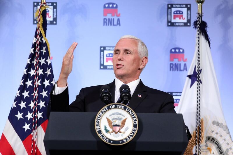 FILE PHOTO: U.S. Vice President Mike Pence delivers a speech at the Republican National Lawyers Association (RNLA) in Washington, U.S., August 24, 2018. REUTERS/Chris Wattie/File Photo