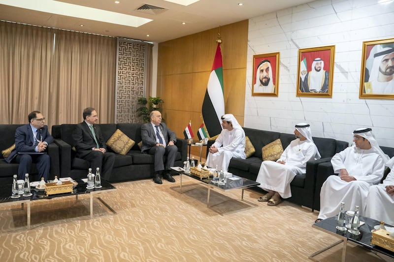 ABU DHABI, UNITED ARAB EMIRATES -September 09, 2019: HH Sheikh Hazza bin Zayed Al Nahyan, Vice Chairman of the Abu Dhabi Executive Council (3rd R) meets with HE Thamir Ghadhban, Deputy Prime Minister and Minister of Oil of Iraq (4th R) at ADNEC. Seen with HE Suhail bin Mohamed Faraj Faris Al Mazrouei, UAE Minister of Energy (2nd R).

( Hamad Al Kaabi / Ministry of Presidential Affairs )​
---
