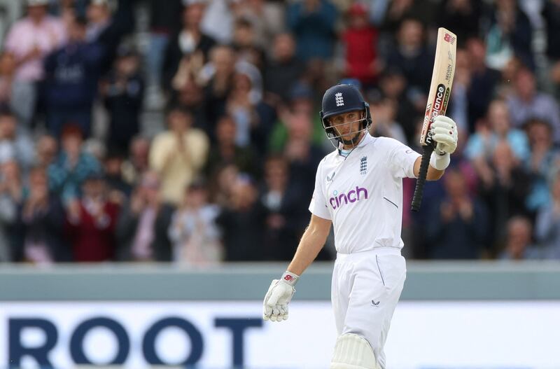 England's Joe Root celebrates reaching his half century against New Zealand at Lord's. The hosts need another 62 runs to win, with Root still in on 77.  Action Images