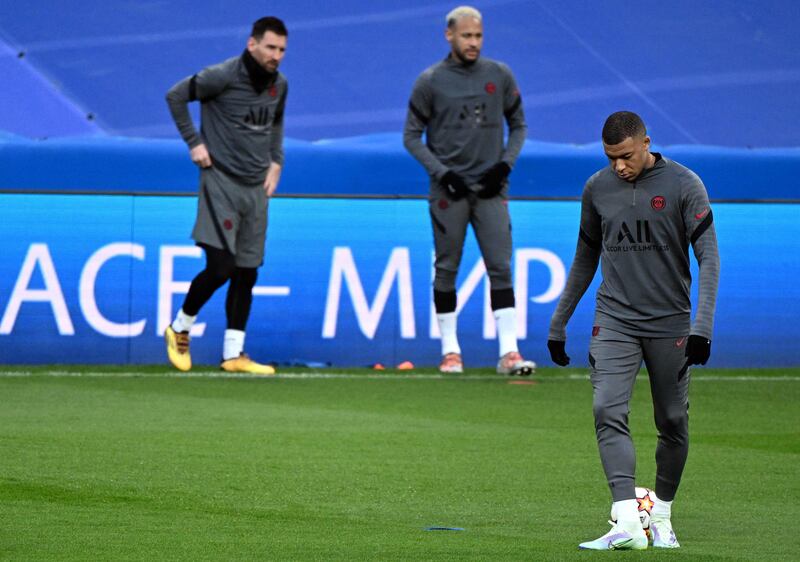  Lionel Messi, Neymar and Kylian Mbappe at training at the Santiago Bernabeu. AFP