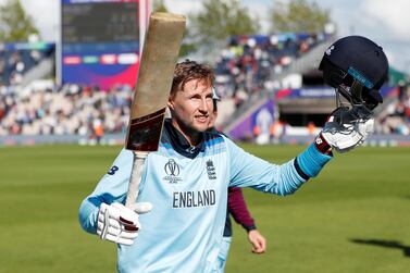 Joe Root celebrates after his unbeaten 100 saw England to victory over the West Indies at the Cricket World Cup. Reuters 