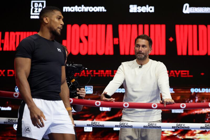 Matchroom promoter Eddie Hearn looks on as Anthony Joshua trains during the media workout day. Joshua's fight against Otto Wallin is one of the co-main events on the 'Day of Reckoning' card. Getty 