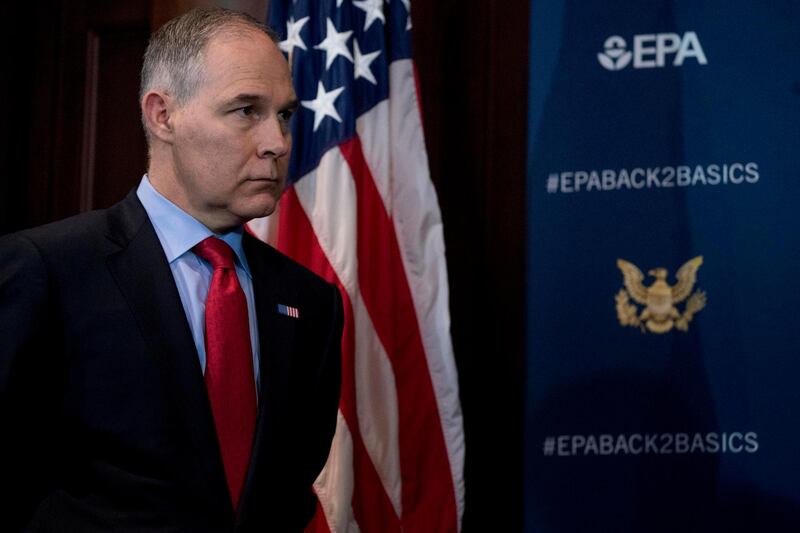 Environmental Protection Agency Administrator Scott Pruitt attends a news conference at the Environmental Protection Agency in Washington, Tuesday, April 3, 2018, on his decision to scrap Obama administration fuel standards. (AP Photo/Andrew Harnik)