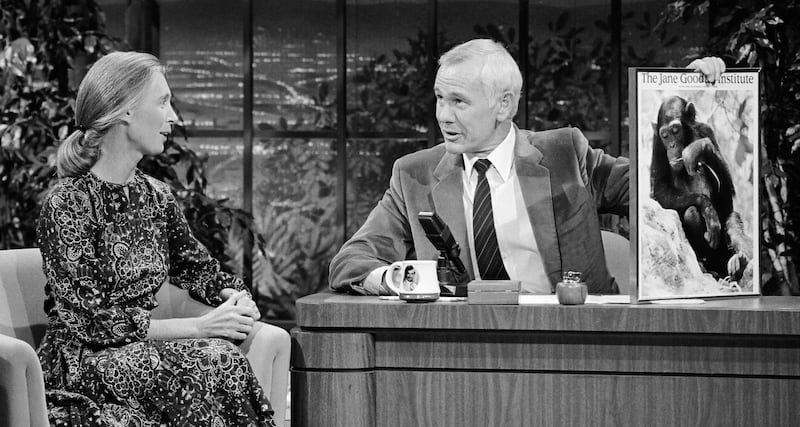 Goodall during an interview with host Johnny Carson on The Tonight Show, January 3, 1984. Getty Images
