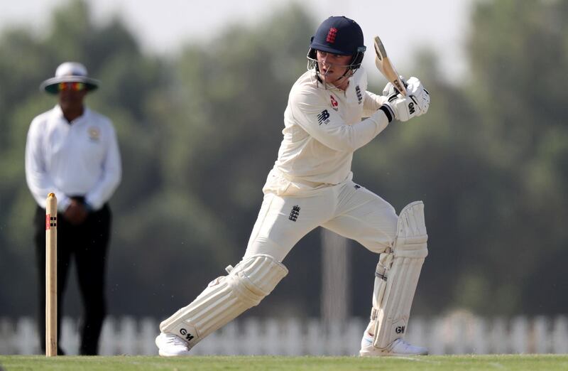 Abu Dhabi, United Arab Emirates - November 18, 2018: England's Dom Bess bats in the game between Pakistan A and the England Lions. Sunday the 18th of November 2018 at the Nursery Oval, Zayed cricket stadium, Abu Dhabi. Chris Whiteoak / The National