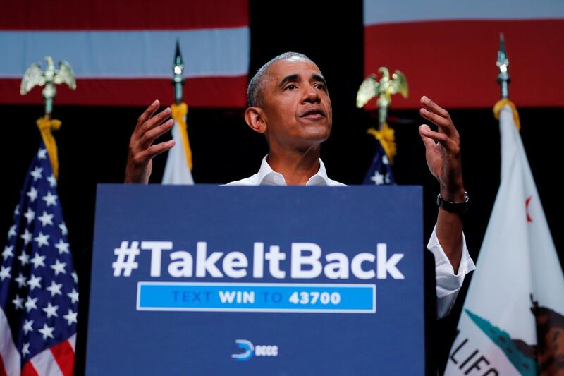 Former U.S. President Barack Obama participates in a political rally for California Democratic candidates during a event in Anaheim, California, U.S., September 8, 2018.  REUTERS/Mike Blake      TPX IMAGES OF THE DAY