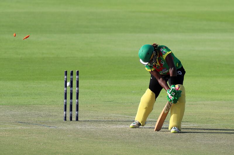 Vanuatu batter Rachel Andrew is bowled by UAE's Samaira Dharnidharka for first-ball duck