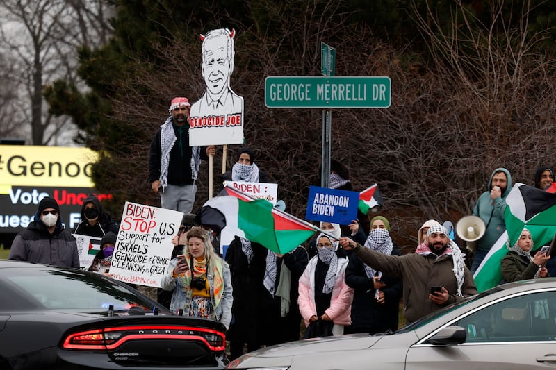 People gather in support of Palestinians outside of the venue where US President Joe Biden is speaking to members of the United Auto Workers (UAW) at the UAW National Training Center, in Warren, Michigan. AFP