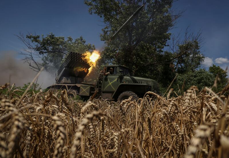 Ukrainian armed forces fire a BM-21 Grad multiple launch rocket system towards Russian troops at a front line near the town of Avdiivka in Ukraine's Donetsk region on Tuesday. Reuters