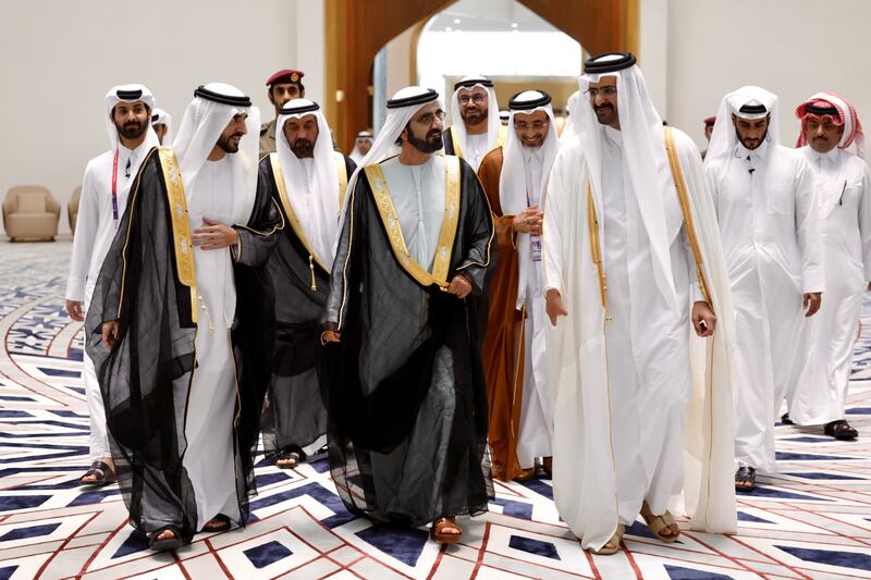 Sheikh Mohammed bin Rashid, Vice President and Ruler of Dubai, accompanied by Sheikh Hamdan bin Mohammed, Crown Prince of Dubai, attending the opening ceremony of the Fifa World Cup at the Al Bayt Stadium in Doha, in the presence of Emir of Qatar, Sheikh Tamim, heads of states and senior officials. Photo: The Government of Dubai Media Office