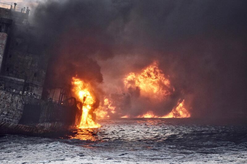 Iranian oil tanker Sanchi is seen engulfed in fire in the East China Sea, in this January 13, 2018 picture provided by Shanghai Maritime Search and Rescue Centre and released by China Daily. China Daily via REUTERS ATTENTION EDITORS - THIS PICTURE WAS PROVIDED BY A THIRD PARTY. CHINA OUT.