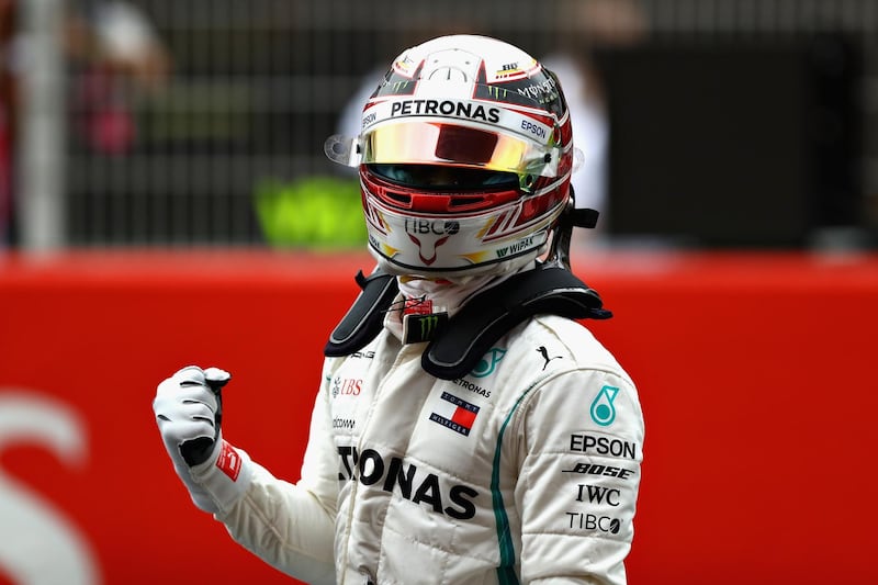 MONTMELO, SPAIN - MAY 12:  Pole position qualifier Lewis Hamilton of Great Britain and Mercedes GP celebrates in parc ferme during qualifying for the Spanish Formula One Grand Prix at Circuit de Catalunya on May 12, 2018 in Montmelo, Spain.  (Photo by Dan Istitene/Getty Images)