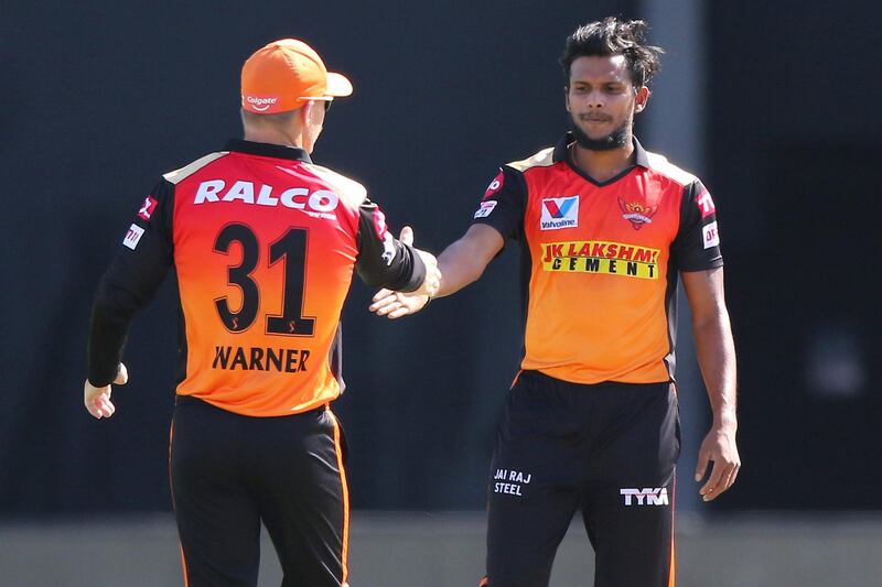 T Natarajan of Sunrisers Hyderabad  celebrates the wicket of Rahul Tripathi of Kolkata Knight Riders match 35 of season 13 of the Dream 11 Indian Premier League (IPL) between the Sunrisers Hyderabad and the Kolkata Knight Riders at the Sheikh Zayed Stadium, Abu Dhabi  in the United Arab Emirates on the 18th October 2020.  Photo by: Pankaj Nangia  / Sportzpics for BCCI