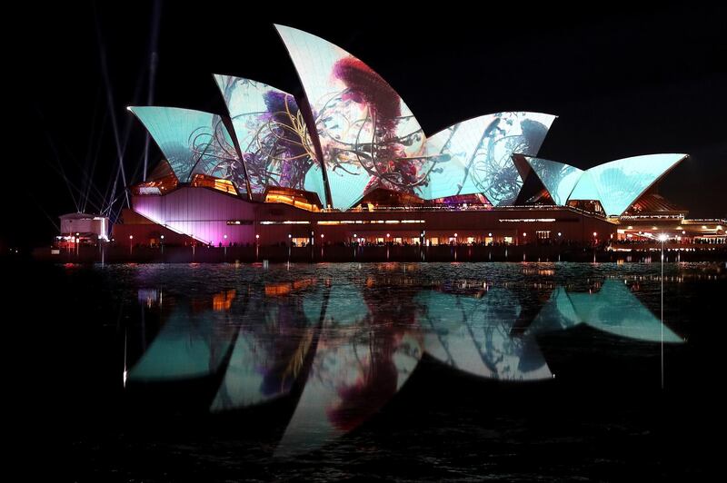 The Sydney Opera House is illuminated by an artwork projection entitled Austral Flora Ballet by artist Thomas Huang in Sydney, Australia. Getty