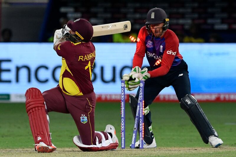 West Indies' Ravi Rampaul is clean bowled by England's Adil Rashid. AFP