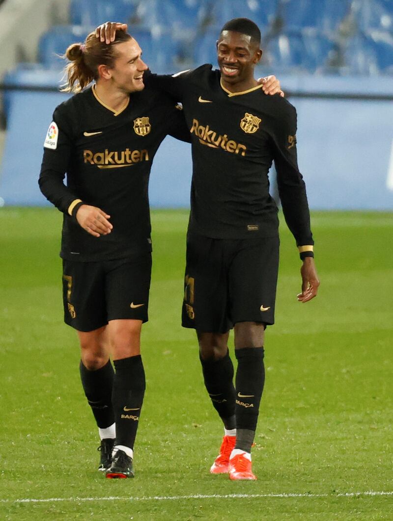 Barcelona's French internationals Ousmane Dembele and Antoine Griezmann. EPA