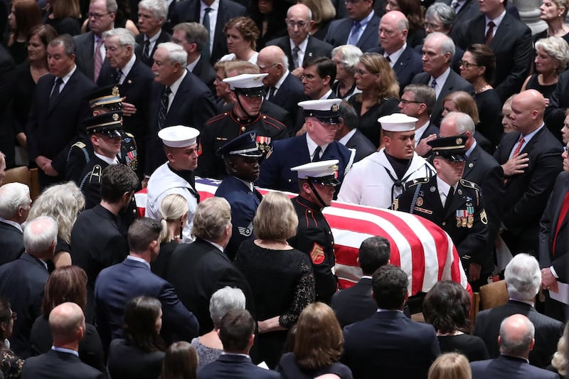 The casket arrives for the memorial service of John McCain. Reuters