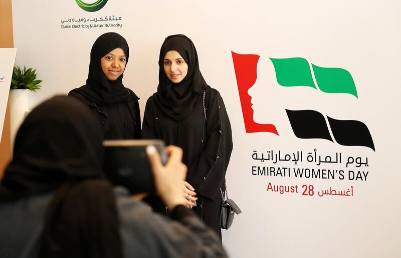 DUBAI , UNITED ARAB EMIRATES , AUG 28 – 2017 :-  Guests taking their photos before the start of 3rd Emirati Women Day organised by DEWA at Armani hotel in Dubai. ( Pawan Singh / The National ) Story by Ramola