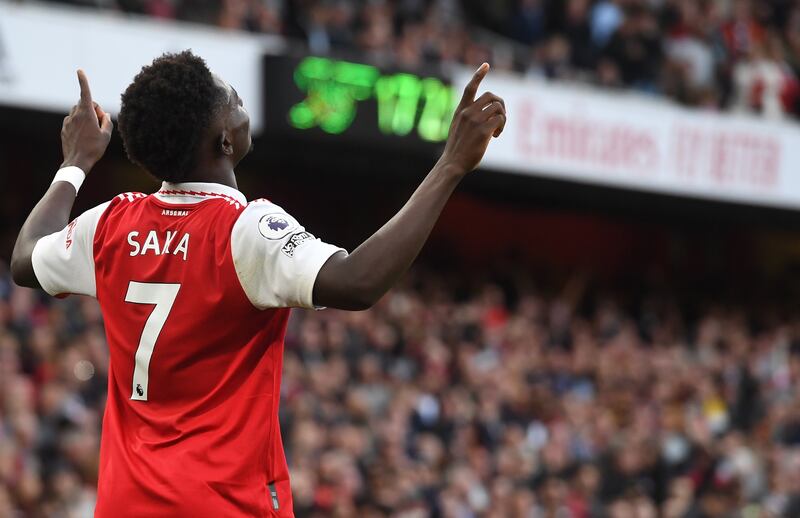 Bukayo Saka celebrates his first goal. EPA