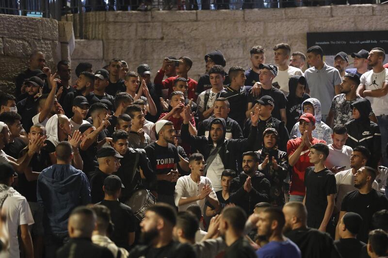 Palestinian protesters gather outside the Damascus Gate in Jerusalem's Old City on April 29, 2021. AFP