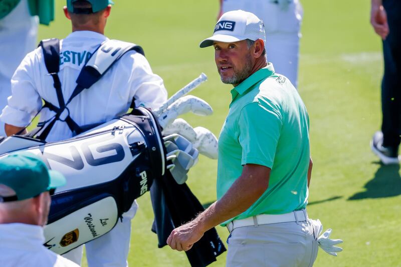 Lee Westwood on the 12th hole during a practice round for the 2021 Masters . EPA