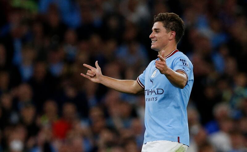 City's Julian Alvarez celebrates scoring the fifth goal. Reuters