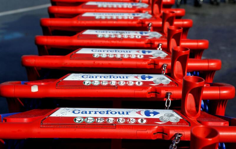 FILE PHOTO: The logo of Carrefour is seen on shopping trolleys at the Carrefour Lingostiere in Nice, France, March 31, 2018.   REUTERS/Eric Gaillard/File Photo