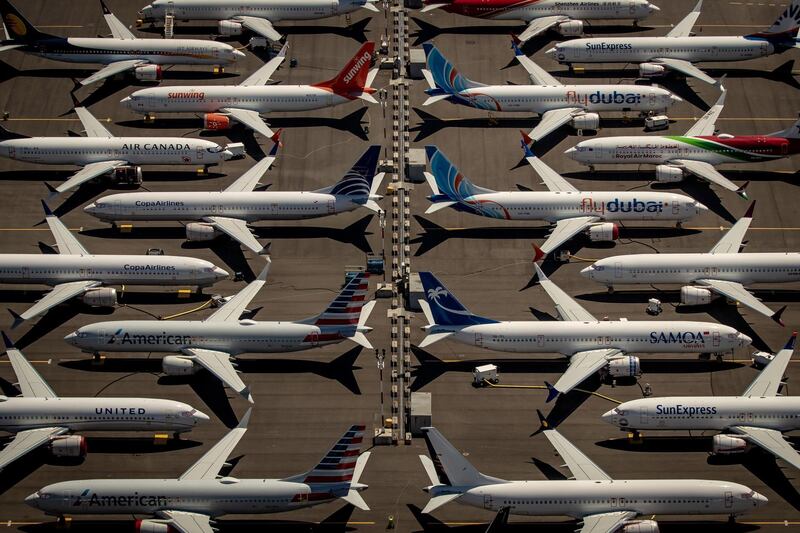 epa07737515 (FILE) - An aerial view of Boeing 737 Max 8 aircraft sitting parked at Boeing Field in Seattle, Washington, USA, 21 July 2019 (reissued 24 July 2019). Reports on 24 July 2019 state Boeing posted a 2nd quarter 2019 loss of 2,94 billion USD, mainly attributed to the grounding of its best selling Boeing 737 Max passenger plane. The plane was grounded by aviation regulators and airlines around the world in March 2019 after 346 people were killed in two crashes. The loss was Boeing's biggest in the last ten years.  EPA/GARY HE   EDITORIAL USE ONLY
