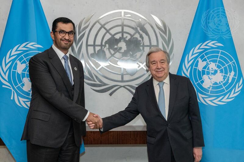 Cop28 President-designate Dr Sultan Al Jaber meets UN Secretary General Antonio Guterres at the United Nations on Friday. Photo: @COP28_UAE